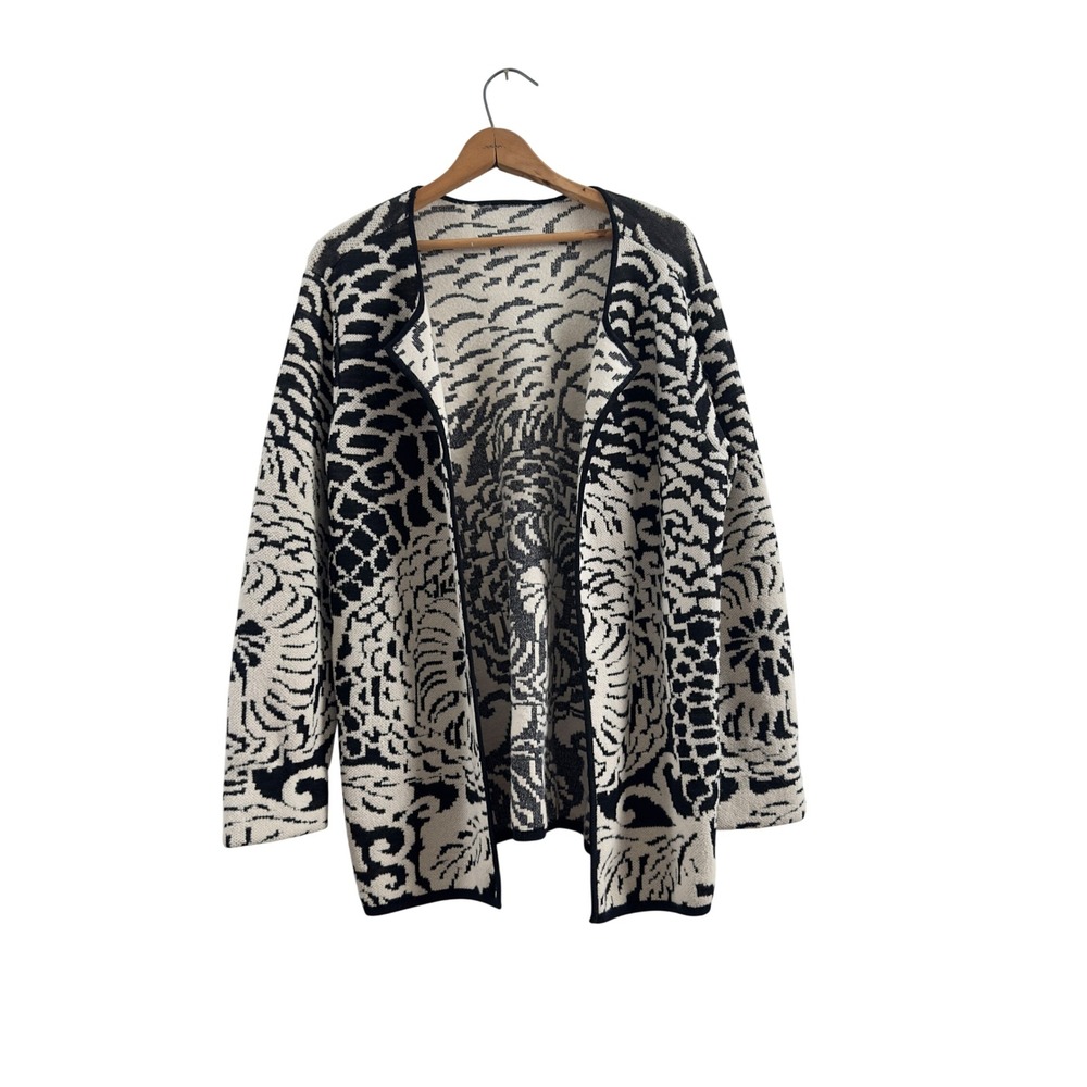 Merino Wool Rabbit Hair Blend Jacquard Cardigan Open Front Sweater M/L